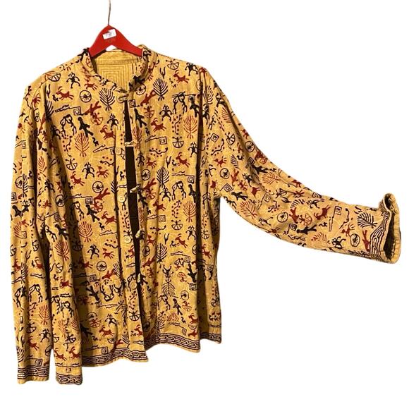 Reversible Linen Jacket XL Boho Tribal Print Button Front Artsy Hippie - Picture 1 of 10